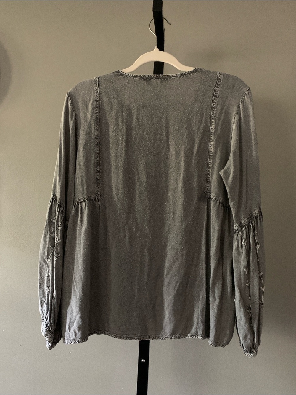 SOLITAIRE GRAY EMBROIDERED BOHO PEASANT TOP WOMENS BALLOON SLEEVES SZ SMALL VNTG - Picture 7 of 7